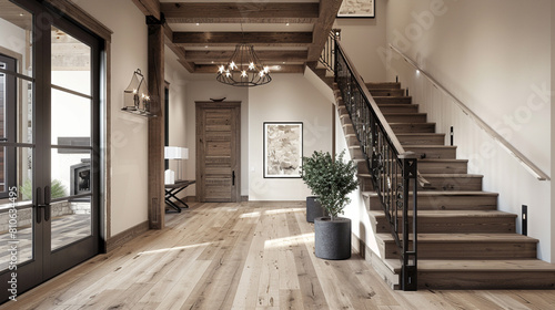 Modern rustic entrance hall with a wooden staircase and iron balusters in an American country home. photo