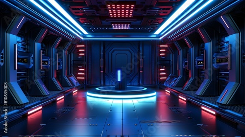 Futuristic Sci-Fi Room with Glowing Blue Lights on Dark Podium