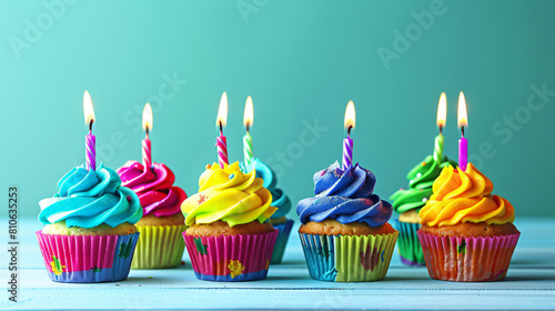 Tasty birthday cupcakes with burning candles on color