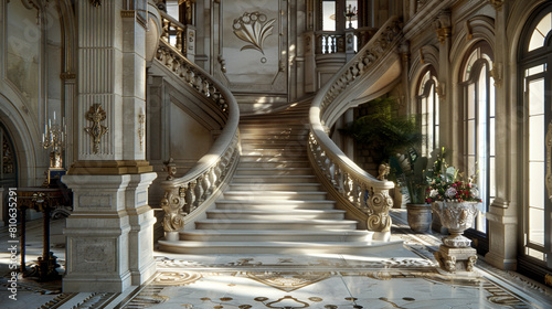 Opulent entrance hall with a stone staircase and ornate railing in a prestigious American home.