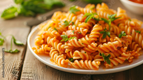 Tasty boiled pasta with tomato sauce on plate closeup