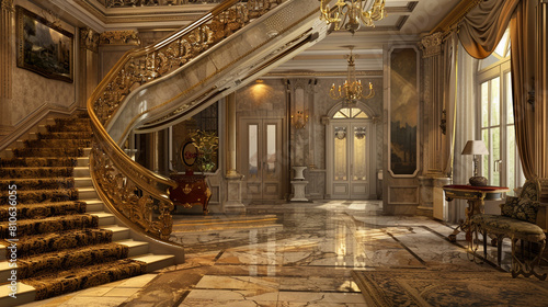 Opulent entrance hall with a stone staircase and ornate railing in a prestigious American home.