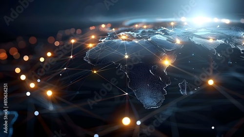 Darkthemed network map of Africa with connected server nodes. Concept Network Mapping  Dark Theme  Africa  Server Nodes  Connectivity