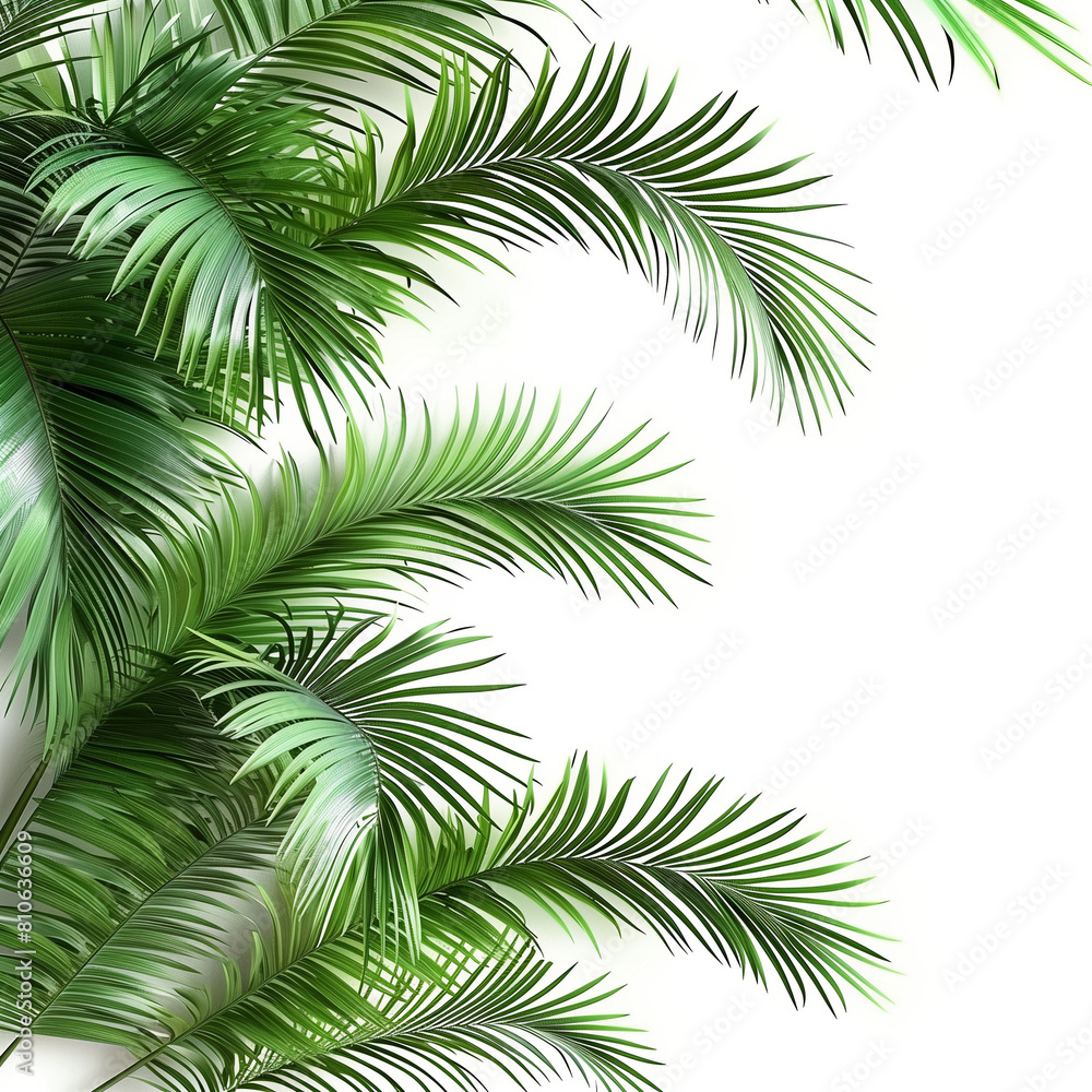 Realistic Palm Leaves on Clear Background, 3D Render, Empty White Background. 