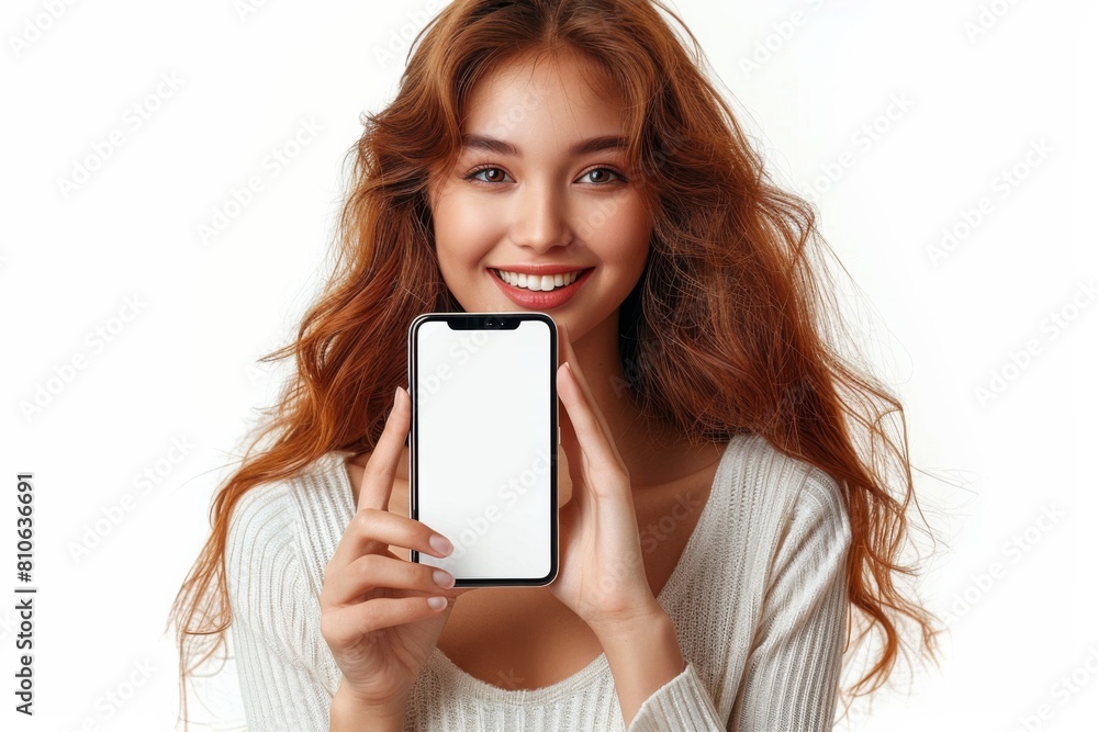 Woman Showcasing Smartphone Mockup created with Generative AI Woman Showcasing Smartphone Mockup created with Generative AI