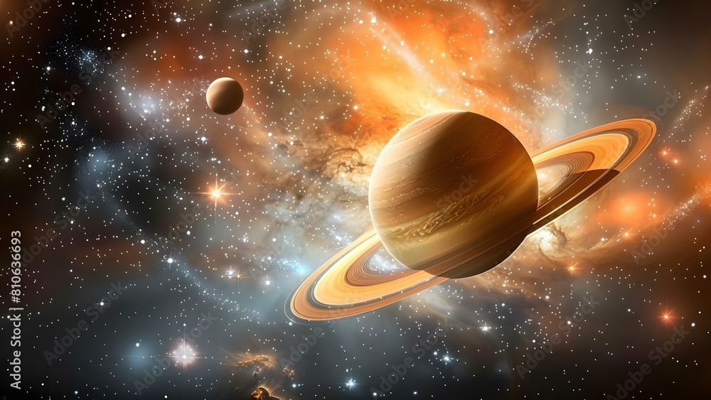 Fototapeta premium Saturn and Moon: Surrounded by Stars, Nebulas, and Rings in Space. Concept Space Photography, Saturn and Moon, Stars and Nebulas, Outer Space Wonders