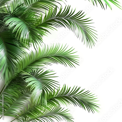 Realistic Palm Leaves on Clear Background  3D Render  Empty White Background.  Realistic Palm Leaves for Summer Vibes on Transparent Background  3D Render  Blank White Background. 