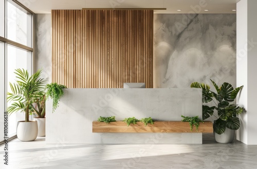 A frontal perspective of an office space showcasing white walls complemented by tastefully designed wooden panels, creating a harmonious blend of modernity and warmth in the workspace