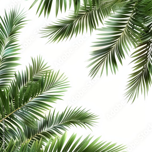 Realistic Palm Leaves on Clear Background  3D Render  Empty White Background.  Realistic Palm Leaves for Summer Vibes on Transparent Background  3D Render  Blank White Background. 