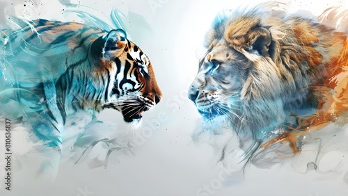 Artwork features Bengal tiger and male lion facing off in watercolor style. Concept Wildlife Art, Watercolor Painting, Animal Portraits, Nature Illustration, Predator Encounters