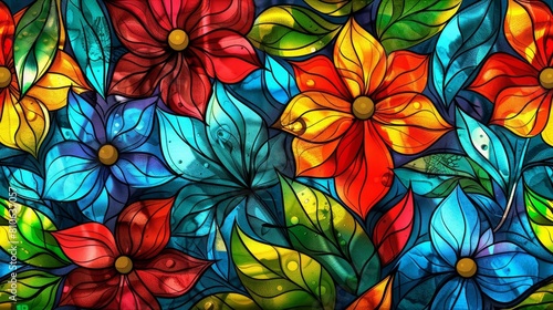 A stunning stained glass window background filled with vibrant colors  featuring an abstract pattern of flowers and leaves. The sunlight shines through the intricate design  casting a beautiful and