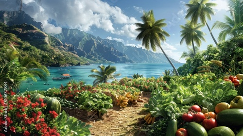 Tropical Vegetable Garden Paradise with Crystal Clear Waters and Swaying Palm Trees