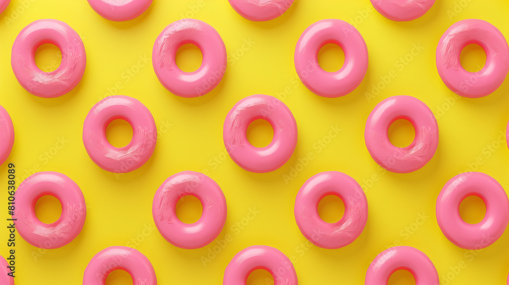 A 3D rendered pink donuts pattern on a yellow background, creating a seamless wallpaper. This minimal concept features copy space for text or graphic elements and is captured in high resolution photo A 3D rendered pink donuts pattern on a yellow background, creating a seamless wallpaper. This minimal concept features copy space for text or graphic elements and is captured in high resolution photo