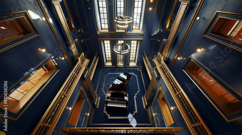 Ceiling view down to a grand piano in a navy blue room with golden accents.