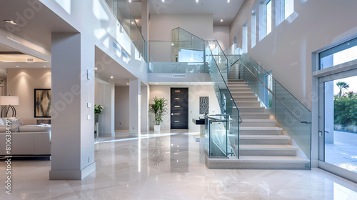 Spacious entrance hall in a contemporary American home with glass staircase and high ceiling.