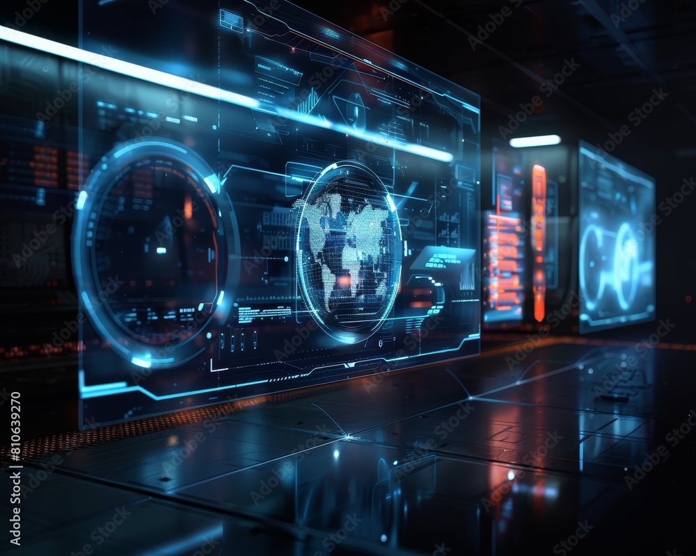 This image depicts a futuristic control room environment. Transparent digital displays showcase global data, network activity, and system performance metrics, highlighting the power of technology and 
