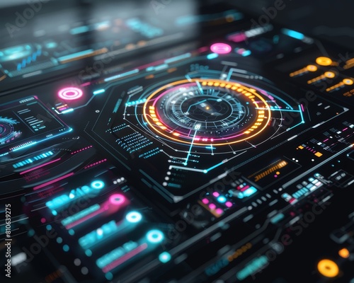 A futuristic Heads-Up Display (HUD) interface with glowing neon lights and intricate data visualizations. This high-tech control panel showcases advanced technology for a sci-fi or cybersecurity theme