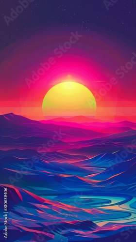 A vibrant  neon-infused sunset illuminates a stylized valley landscape  rendered in striking color contrasts. The synthwave aesthetic evokes a sense of retrofuturism and energy  perfect for music  des