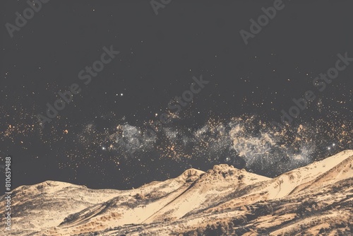 A vintage-style image depicting a desert landscape under a mesmerizing starry night sky. Rolling sand dunes stretch towards a distant galaxy, creating a sense of vastness and cosmic wonder.