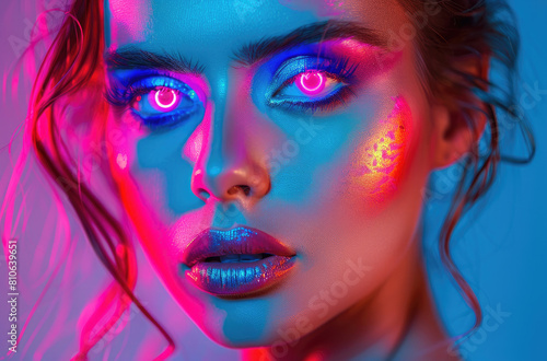 A beautiful korean woman with colorful makeup, neon colors, pink and blue light in the background, high contrast, closeup portrait photography
