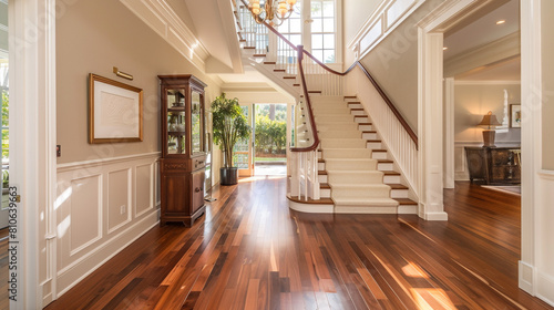 Warm and inviting entrance hall with staircase and wood floors in a family American home.
