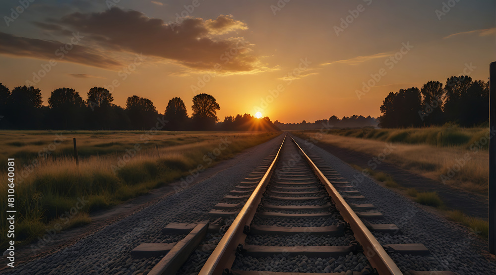 A railway track in the direction of sunset with plain field in the background with copy space, lead A railway track in the direction of sunset with plain field in the background with copy space, lead