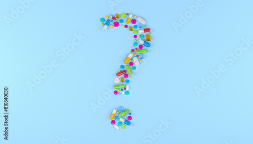 3d render of many colorful medicines and pills in the shape of a question mark on a blue background - health care concept. © marog-pixcells