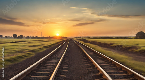 A railway track in the direction of sunset with plain field in the background with copy space, dual