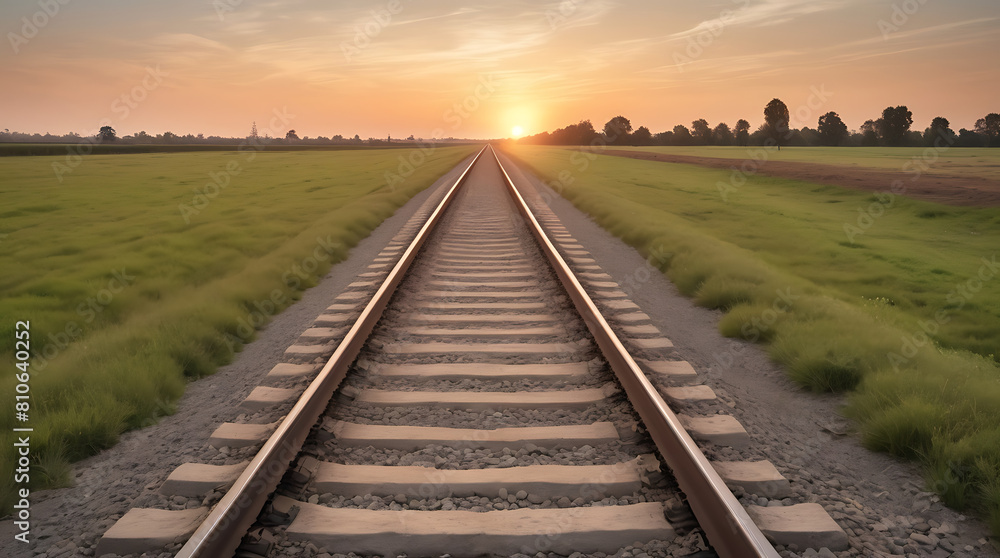 Fototapeta premium A railway track in the direction of sunset with plain field in the background with copy space, sun