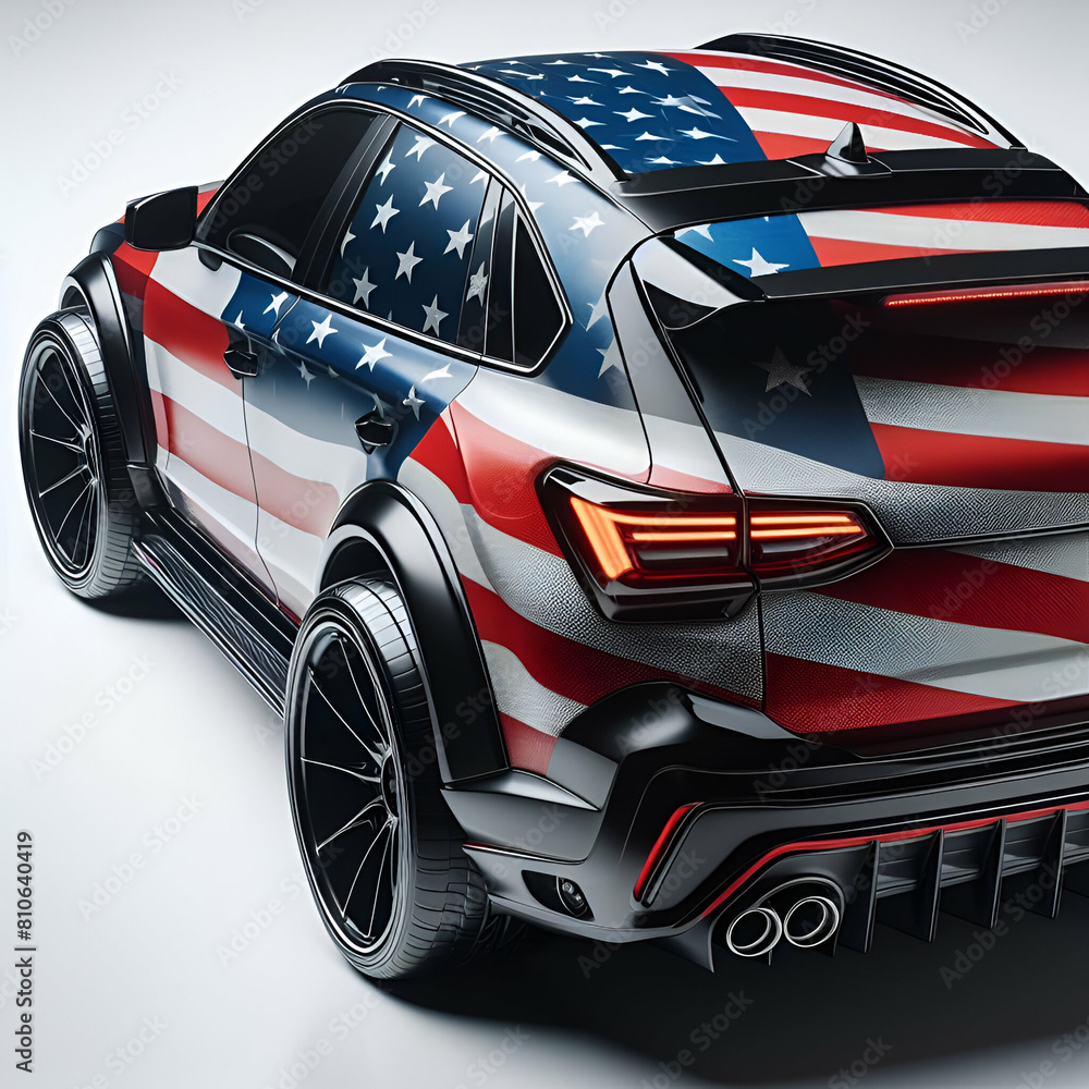 American flag on the car with white background.