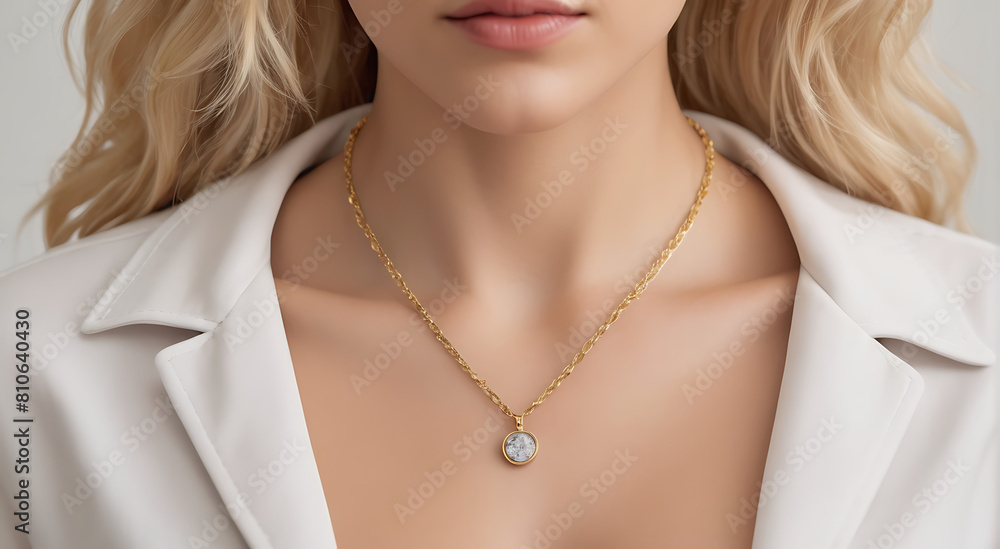 Woman wearing pendant chain mockup closeup of blonde model portrait, Fashion beauty subtle chain necklace for pendant jewelry mockup, closeup
