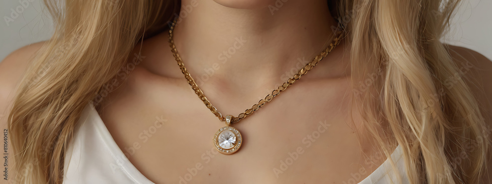 Woman wearing pendant chain mockup closeup of blonde model portrait, Fashion beauty subtle chain necklace for pendant jewelry mockup, neck
