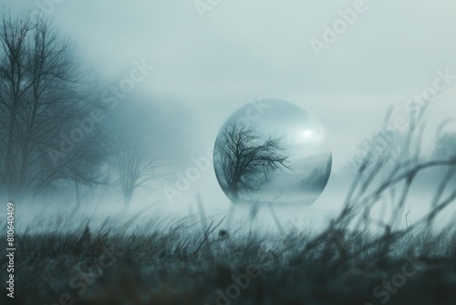 A dense fog rolling over a tranquil meadow, captured in the lens ball, evoking a sense of mystery and serenity.