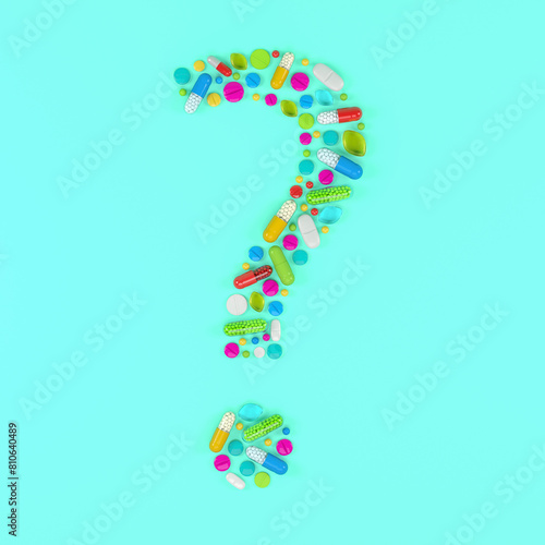 3d render of many colorful medicines and pills in the shape of a question mark on a green background - health care concept.