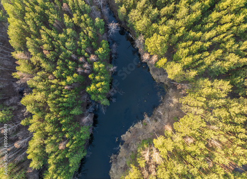 Spring or autumn lake in forest. Aerial view of lake in spring or autumn