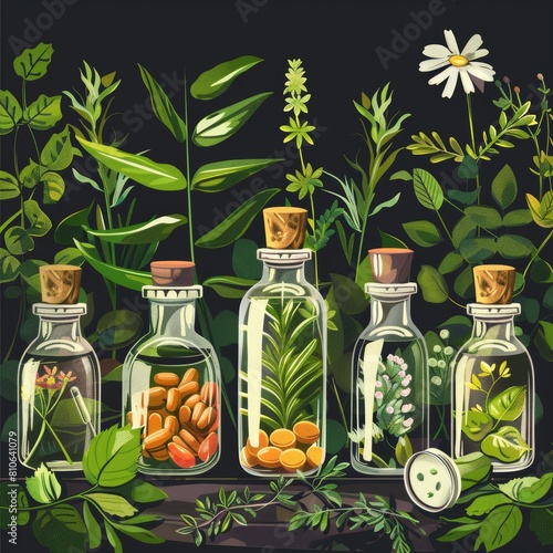Glass bottles filled with herbal medicine and natural ingredients, surrounded by a variety of medicinal plants and herbs on a dark background.