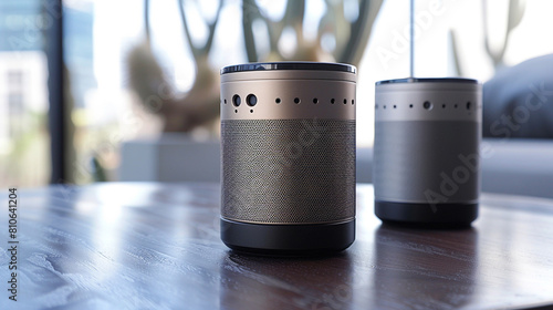 Compact Bluetooth speaker with sleek metallic finish, featuring built-in microphone for hands-free calling and wireless connectivity for streaming music from smartphones and tablets. photo