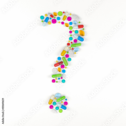 3d render of many colorful medicines and pills in the shape of a question mark on a white background - health care concept. © marog-pixcells