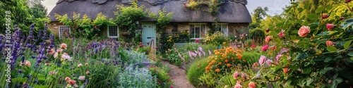 Enchanting English Cottage Garden Bursting with Colorful Blooms and Lush Foliage
