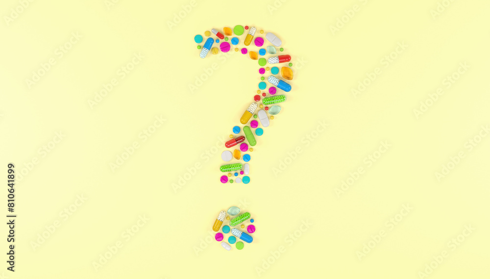 3d render of many colorful medicines and pills in the shape of a question mark on a yellow background - health care concept. 3d render of many colorful medicines and pills in the shape of a question mark on a yellow background - health care concept.