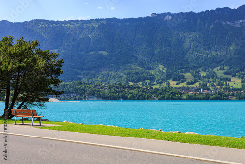stunning Swiss Alpine Lake at Interlaken, Switzerland, well-known tourist destination, crystal clear aquarium lake, emerald green and blue lake, pure and crystal-clear water