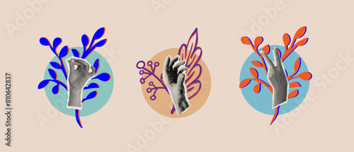 Set of elements with hands and cutout shape and flowers. Vintage vector set. Retro halftone effect.