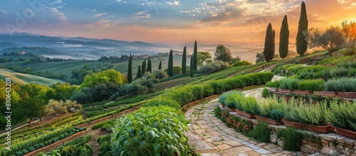 Picturesque Italian Villa Garden with Terraced Slopes Olive Groves and Cypress Trees Overlooking