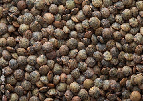 Green raw healthy lentils grain seeds textured background.Macro.