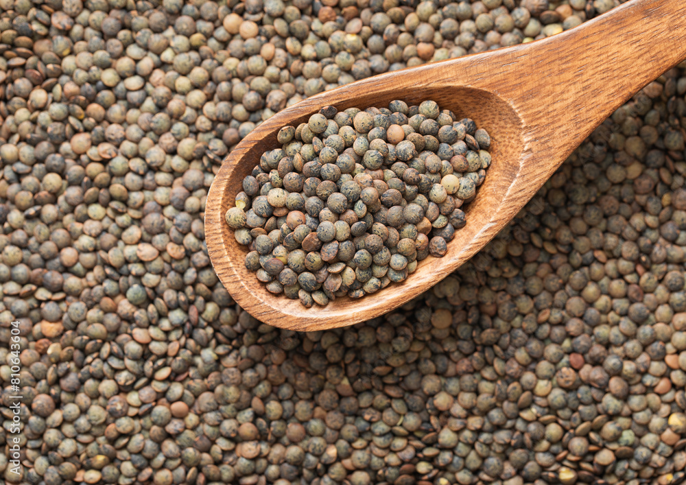Green raw healthy organic lentils grain seeds on wooden spoon in kitchen.Macro. Green raw healthy organic lentils grain seeds on wooden spoon in kitchen.Macro.