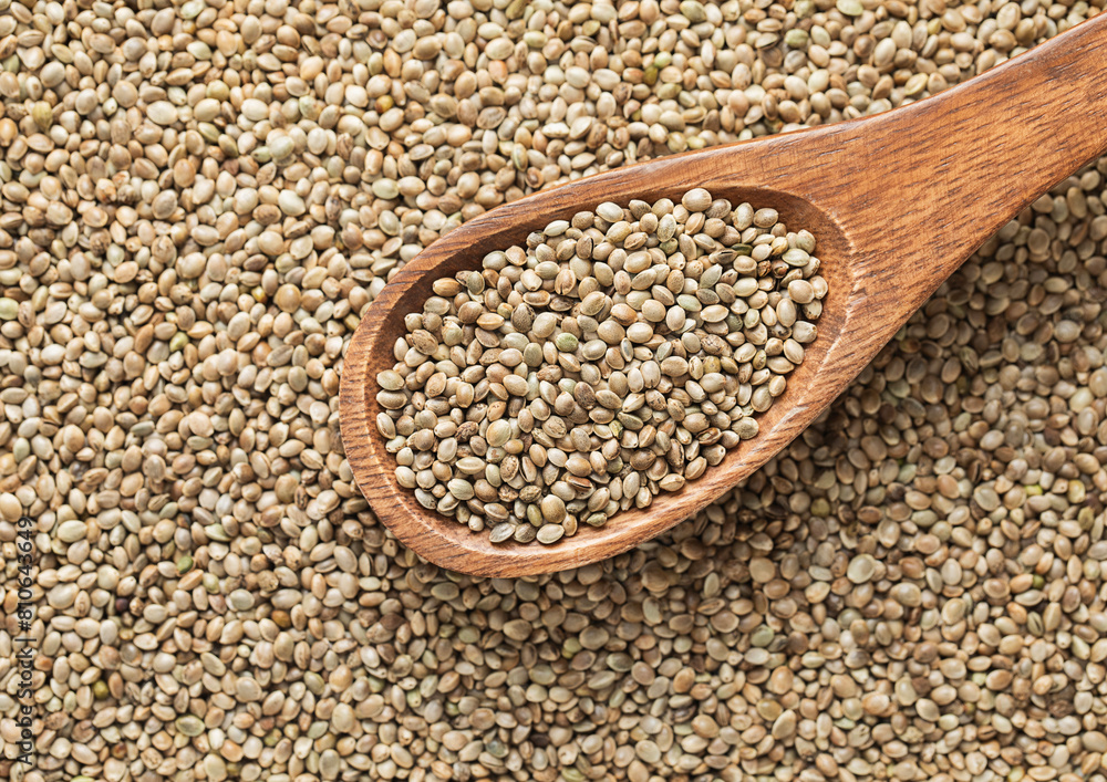 Green raw healthy organic hemp food seeds on wooden spoon in kitchen.Macro. Green raw healthy organic hemp food seeds on wooden spoon in kitchen.Macro.