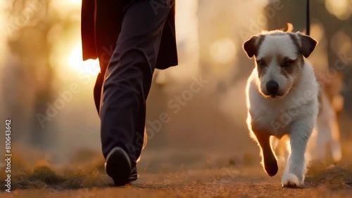 Jack Russell Terrier joyfully runs with owner in field at sunset with tongue out. Concept Dog Photography, Sunset Photoshoot, Running Activity, Fun with Pets, Photography Techniques photo
