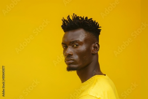 Stylish African man with unique hairstyle posing against a vibrant yellow background, looking to the side.