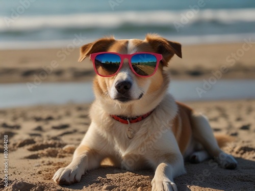 dog with sunglasses on the beach