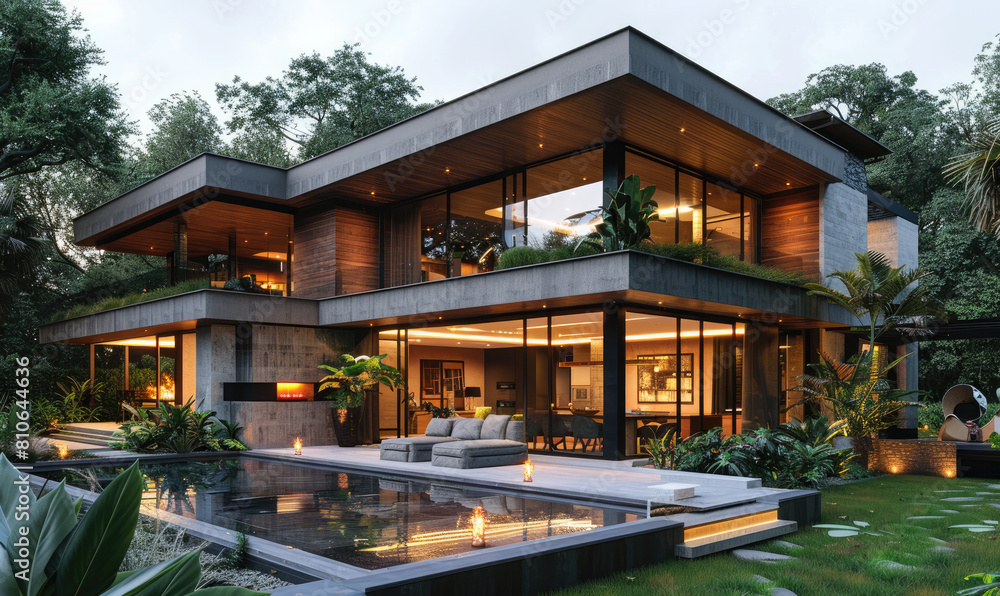 modern luxury house in the jungle with pool, modern architecture, wood and glass. Created with AI